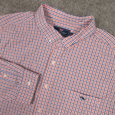 Vineyard Vines Shirt Mens 2XT Orange Blue Plaid Whale Logo Pocket Button Up EUC