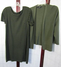 GNW Sleeveless A-Line Dress Stretch Olive/Black with Sweater Jacket Women's M