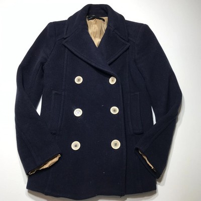 Zara Coat Jacket Womens Size S Navy Blue Double Breasted Button Front Wool Blend