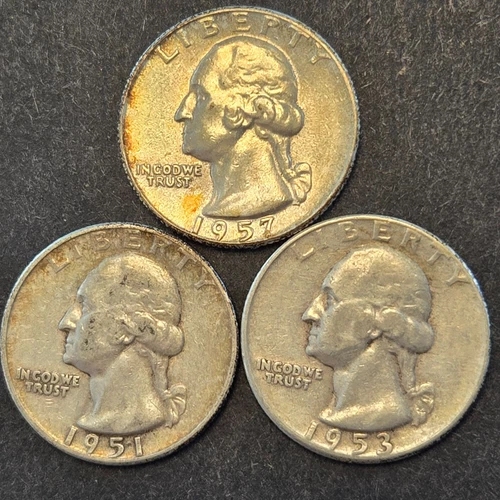 Lot of 3 different Washington silver quarters.Bu 1951 1953 1957 toning
