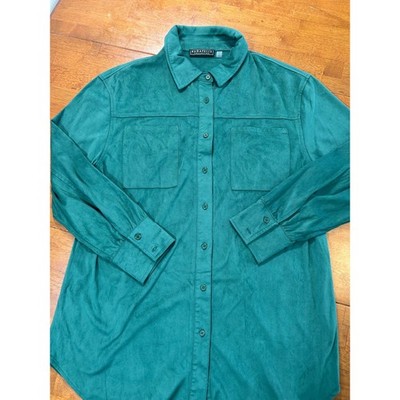 Bagatelle Collection Button Down Shirt Womens L Green Faux Suede Long Sleeve Top