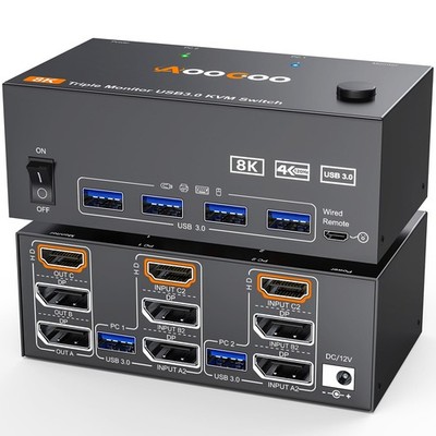 8K60Hz HDMI2.1 Displayport KVM Switch 3 Monitors 2 Computers 4K144Hz Triple M...