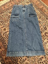 SALE Eddie Bauer Stretch, Blue Denim Skirt Size 8 Waist 32 Hip 38 Length 36 In
