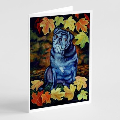 Caroline's Treasures Old Black Pug in Fall Leaves Greeting Cards Pack of 8
