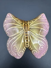 Vintage Glazed Ceramic Butterfly Pink Trinket Dish Stash Box