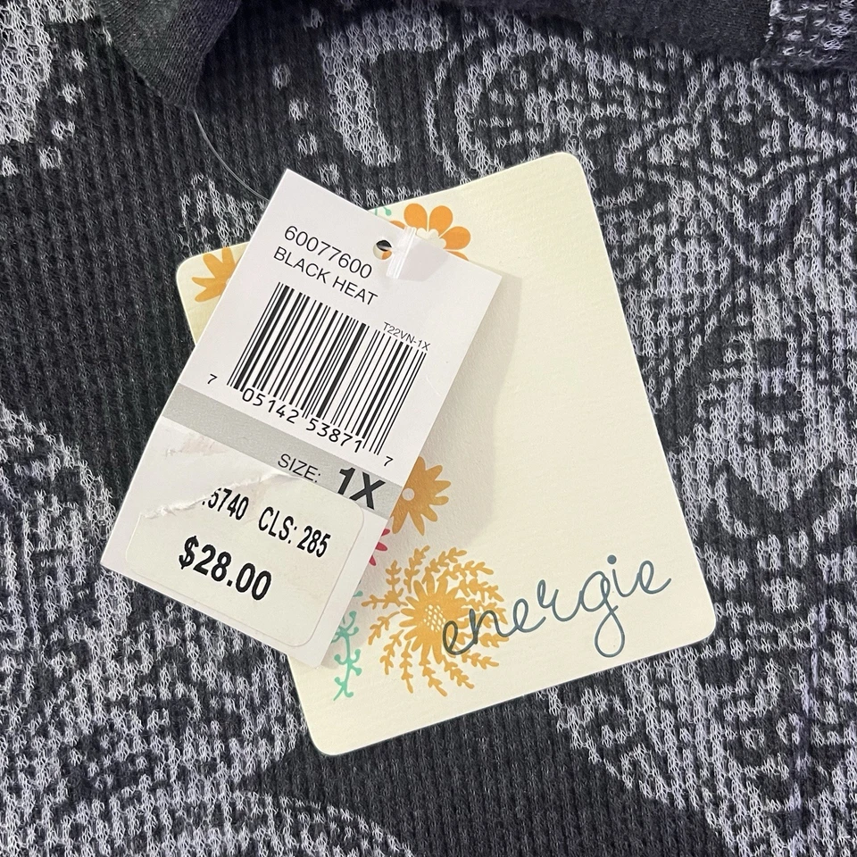 Energie Dark Grey Paisley Lightweight Thermal Long Sleeve Top 1X Boho Casual NWT - Image 2 of 4