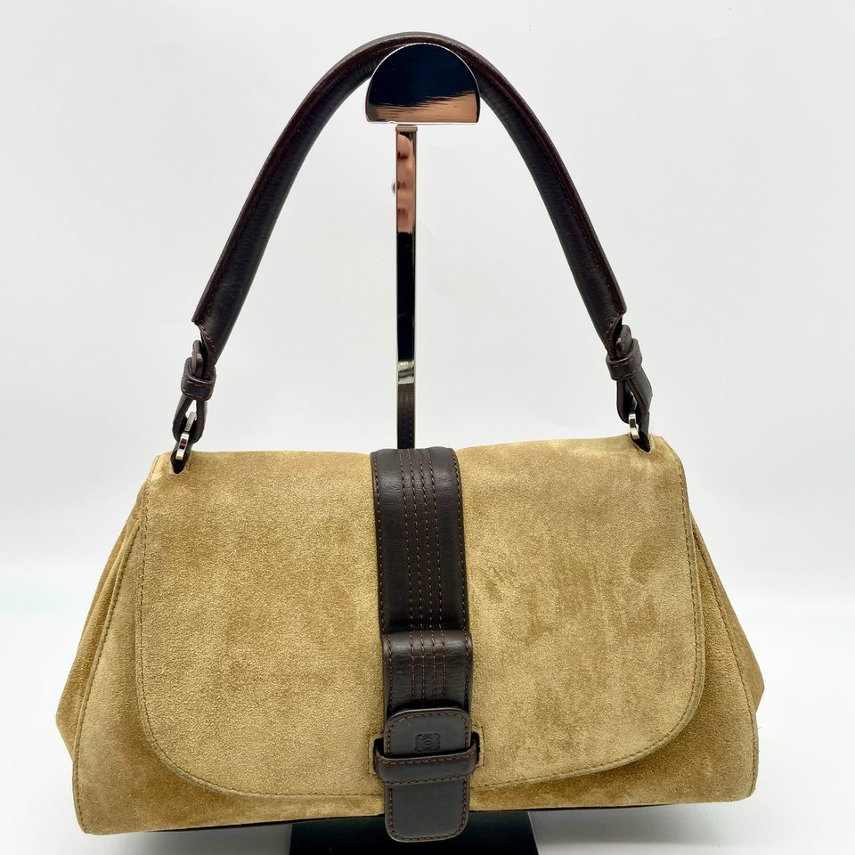 Loewe Hobo Handbag Tote Bag Anagram Suede Leather Brown Shoulder Y2K Authentic