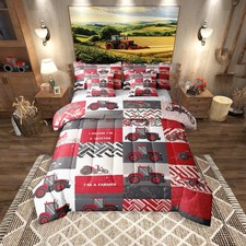 7 Pcs Tractor Bedding Sets Red Cartoon Tractor Quilt with Flat Fitted Sheet F...