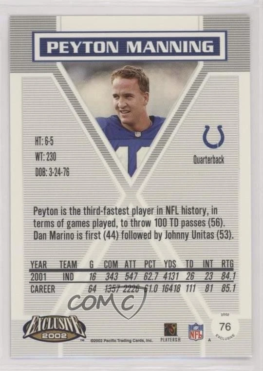 2002 Pacific Exclusive Peyton Manning #76 HOF - Image 2 of 2