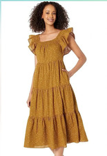 Madewell XS Olive Ruffle Sleeve Tiered Midi Dress Daisy Stitch *FLAW*
