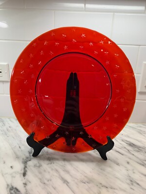 Crate and Barrel Red Glass Platter/Charger with Embossed Stars 13''