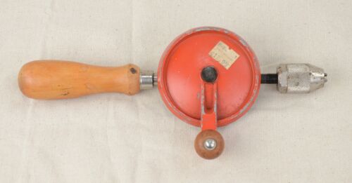 Vintage Hand Crank Egg Beater Style Drill 10.5" Made In USA Wood Handle
