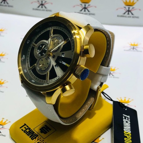 TechnoSport Gold Ion Stainless Steel Large Dial Chronograph White Leather Watch - Picture 9 of 12