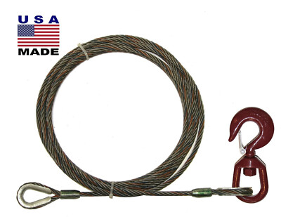 7/16'' x 50' Winch Line Extension Steel Core Swivel Hook Wrecker Cable Tow Pull