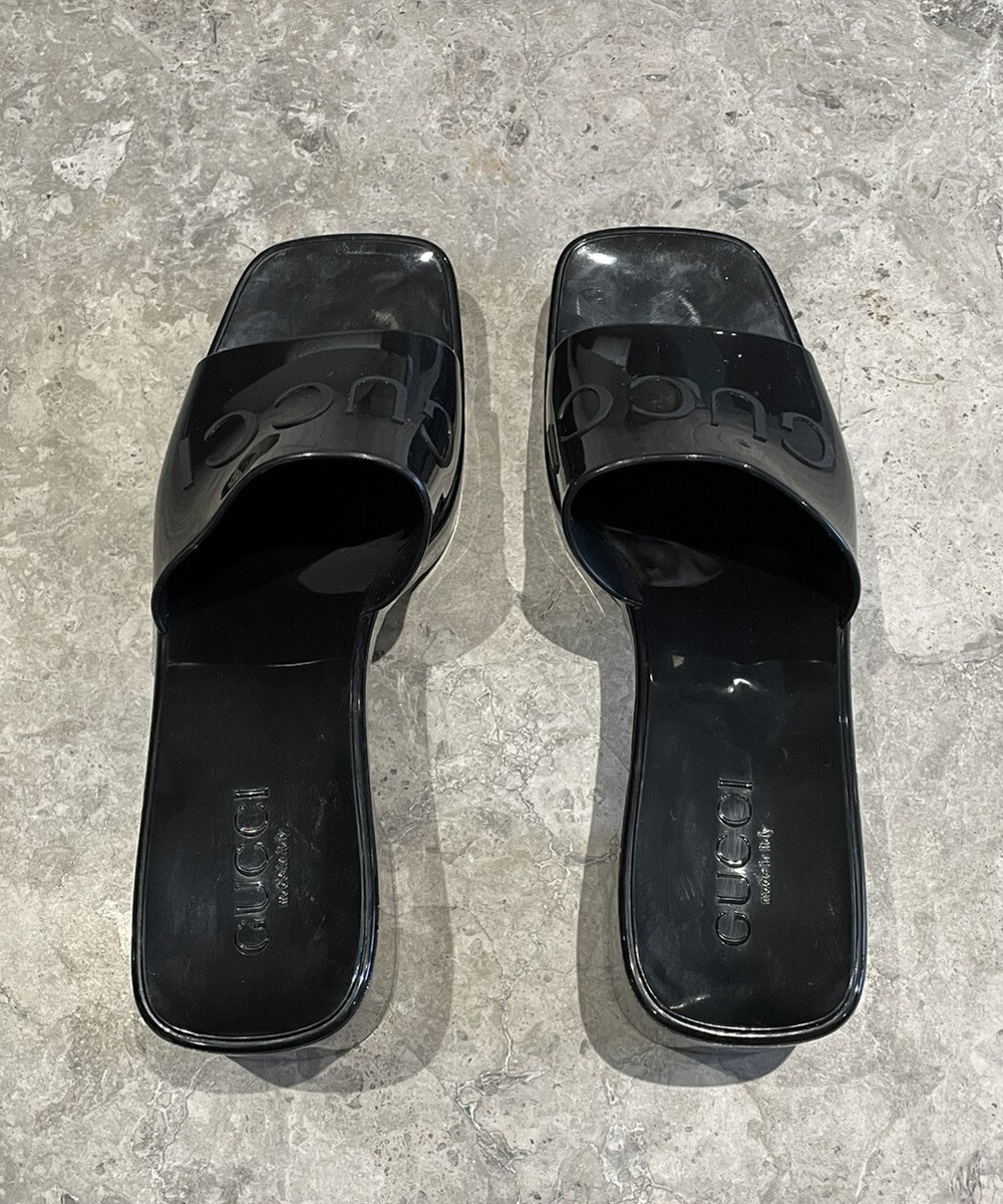 GUCCI Plastique Rubber Logo Platform Heeled Slide Sandals Black 38