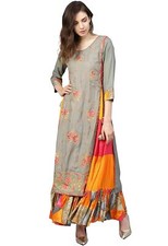Indian Pakistani Women's Rayon Gray  Pink Embroidered Anarkali Kurta Kurti Art