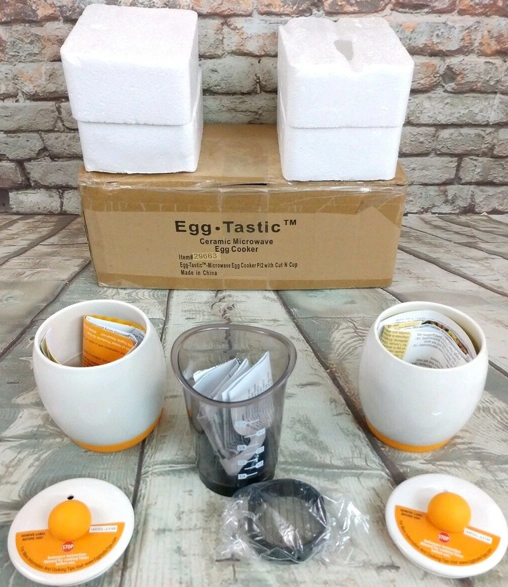 New 2 Pack of Eggtastic Ceramic Microwave Egg Cookers With a Cut N Cup Included