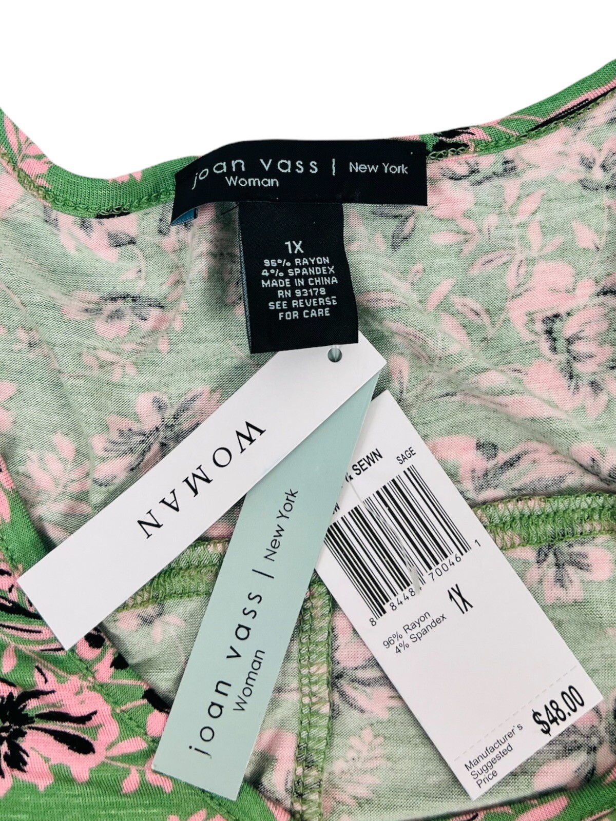 Joan Vass Womens Top Green Floral Pink 3/4 Sleeve Rayon Stretch Flare NWT $48