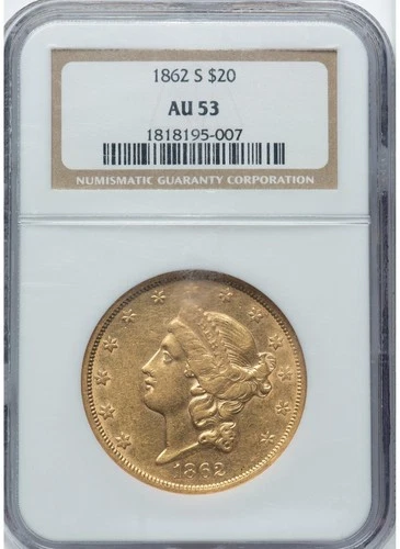 1862-S Liberty Gold Double Eagle $20 Coin San Francisco Mint Certified NGC AU53