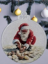 4" Coastal Santa Beach Seashells Resin Glitter Christmas Ornament Flat Disc