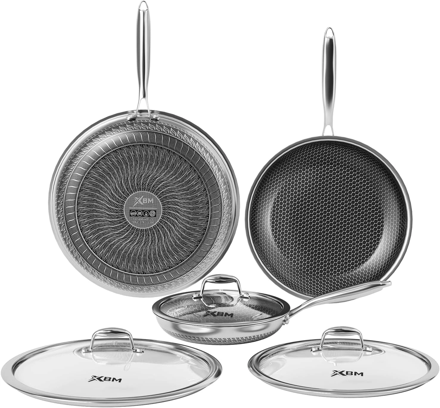 Nonstick Honeycomb Stainless Steel Frying Pan Set with Lid, Induction Safe