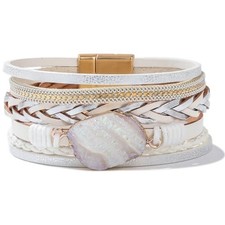 Braided Leather Bangle Bracelets Boho Resin Stone Wrap Bracelets White