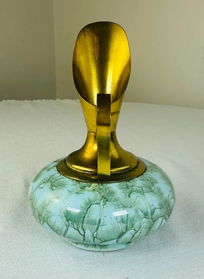 Delft Holland Brass & Marbled Robin Blue GreenHand Painted Pitcher Vase - Image 2 of 4