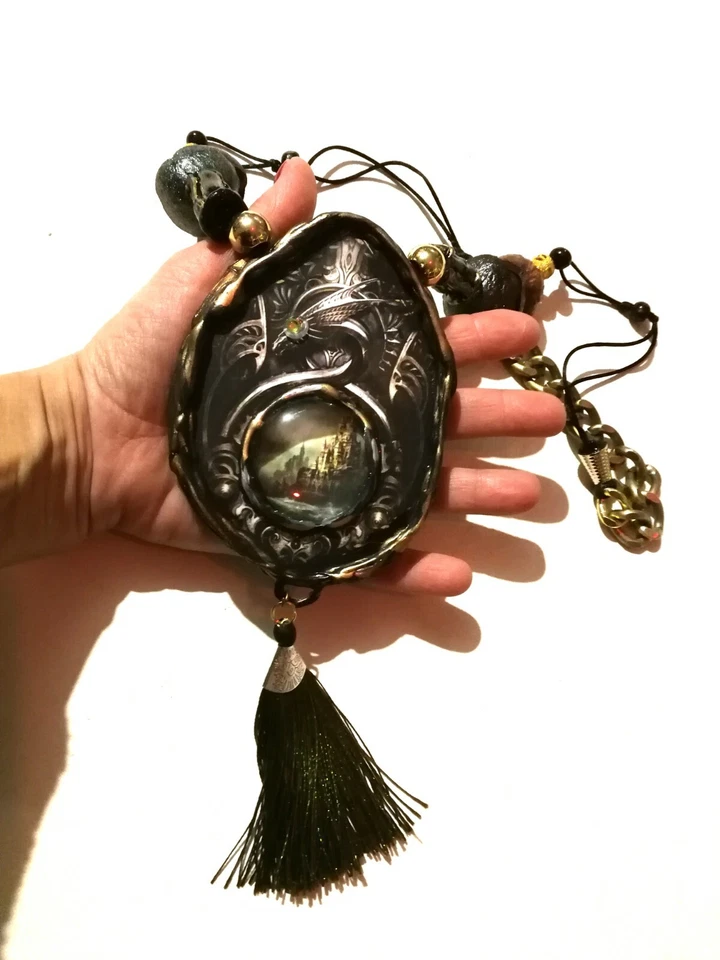 Joyería Gótica Collar Colgante Mujer Hombre Dragón Negro Castillo Medieval Cabujón Foto 3 de 4