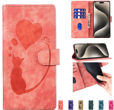 Cat Love Wallet Phone Case For iPhone 16 15 14 13 12 11 Pro Max XR XS 7 8 SE 16E
