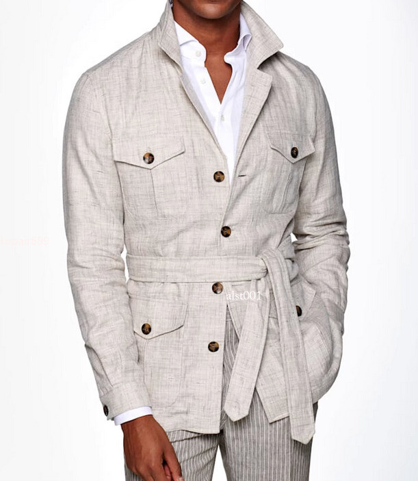 Retro Mens Cotton Linen Safari Jacket Breathable Belted Hunting