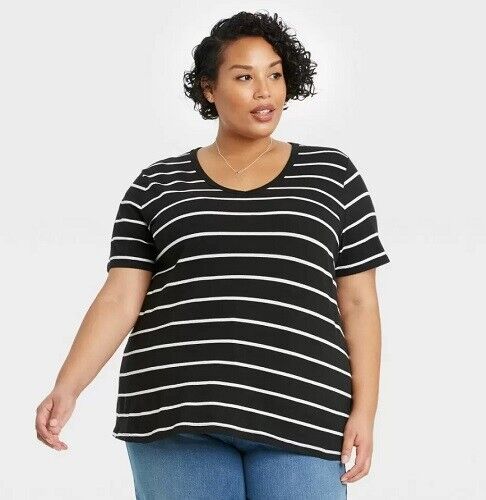 Women's Plus Size Short Sleeve V-Neck T-Shirt - Ava & Viv Black Stripe 2X  829576711840 | eBay