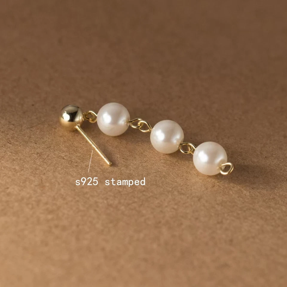 1 Pair Woman s925 Sterling Silver Beaded Pearl Earring Stud Drop Dangle - Image 3 of 4
