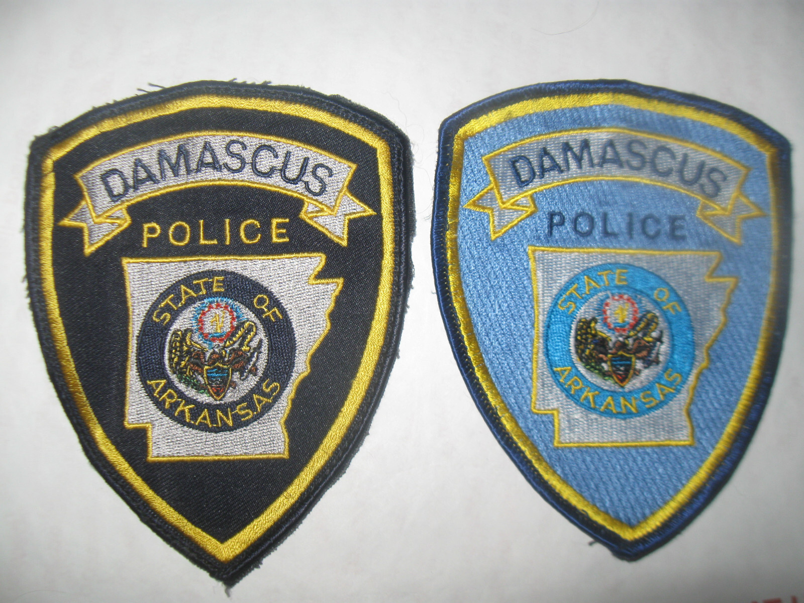 DAMASCUS ARKANSAS POLICE PATCHES (PAIR OF TWO DIFFERENT OBSOLETE
