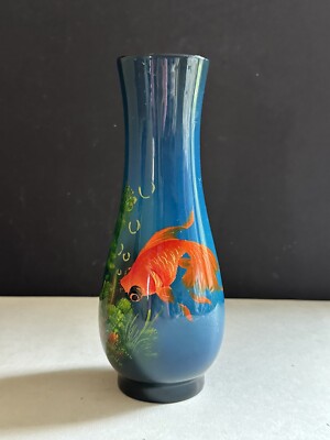 Vintage Japanese Koi Fish Lacquered Hand Painted Vase 7.5” Made in