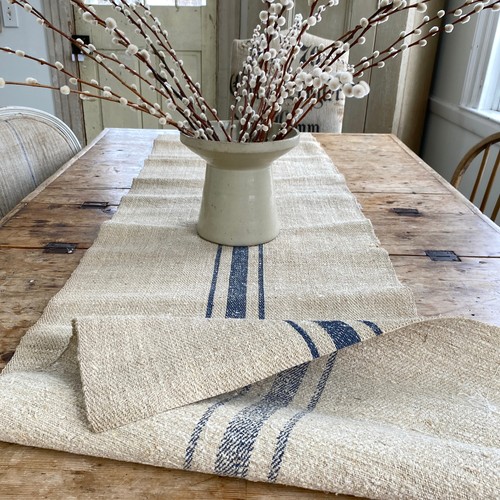 Farmhouse table runner blue stripe hand woven old hemp striped linen The Textil - Picture 8 of 9