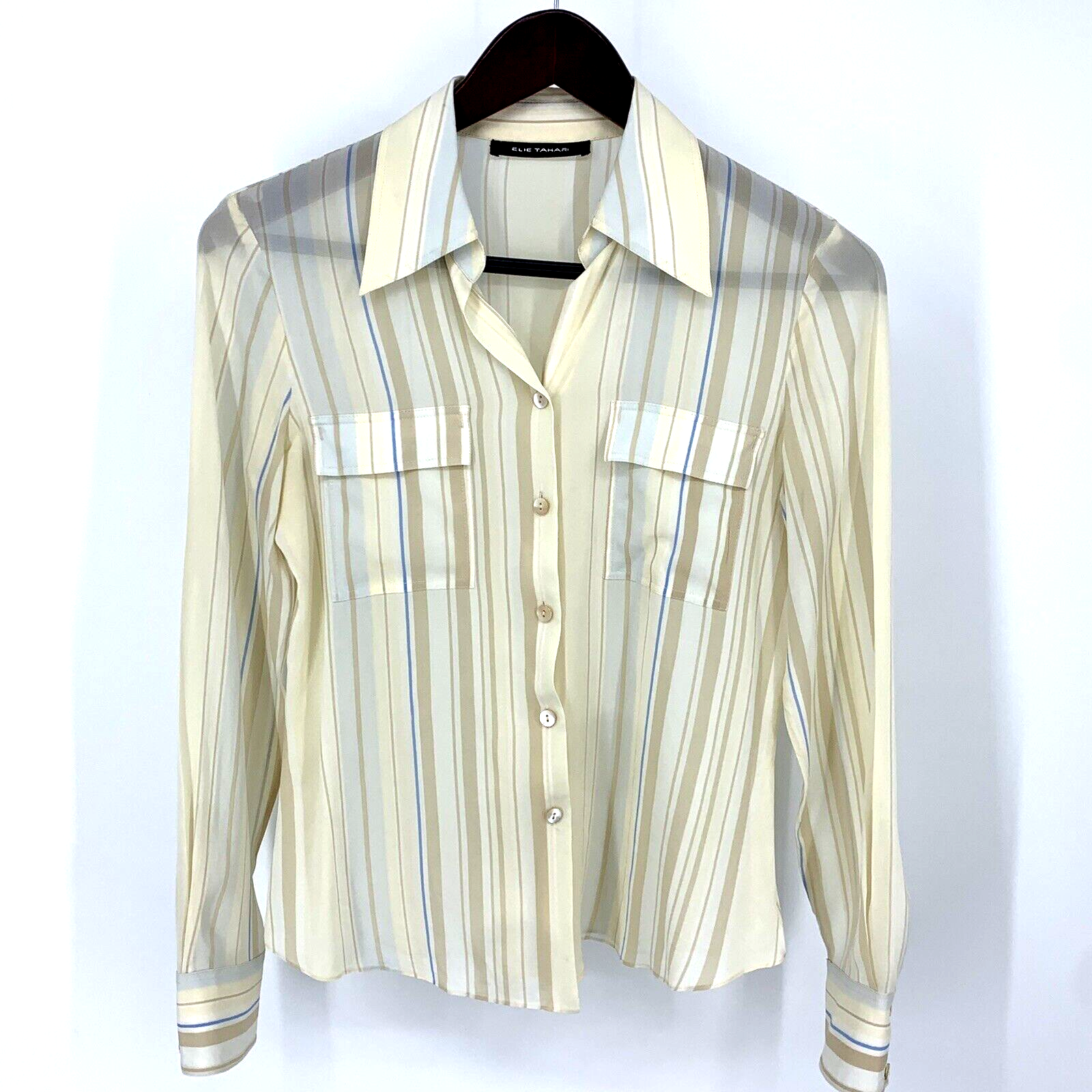 Elie Tahari Silk Stripe Long Sleeve Blouse Button Up Cream Tan Sz Small |  eBay