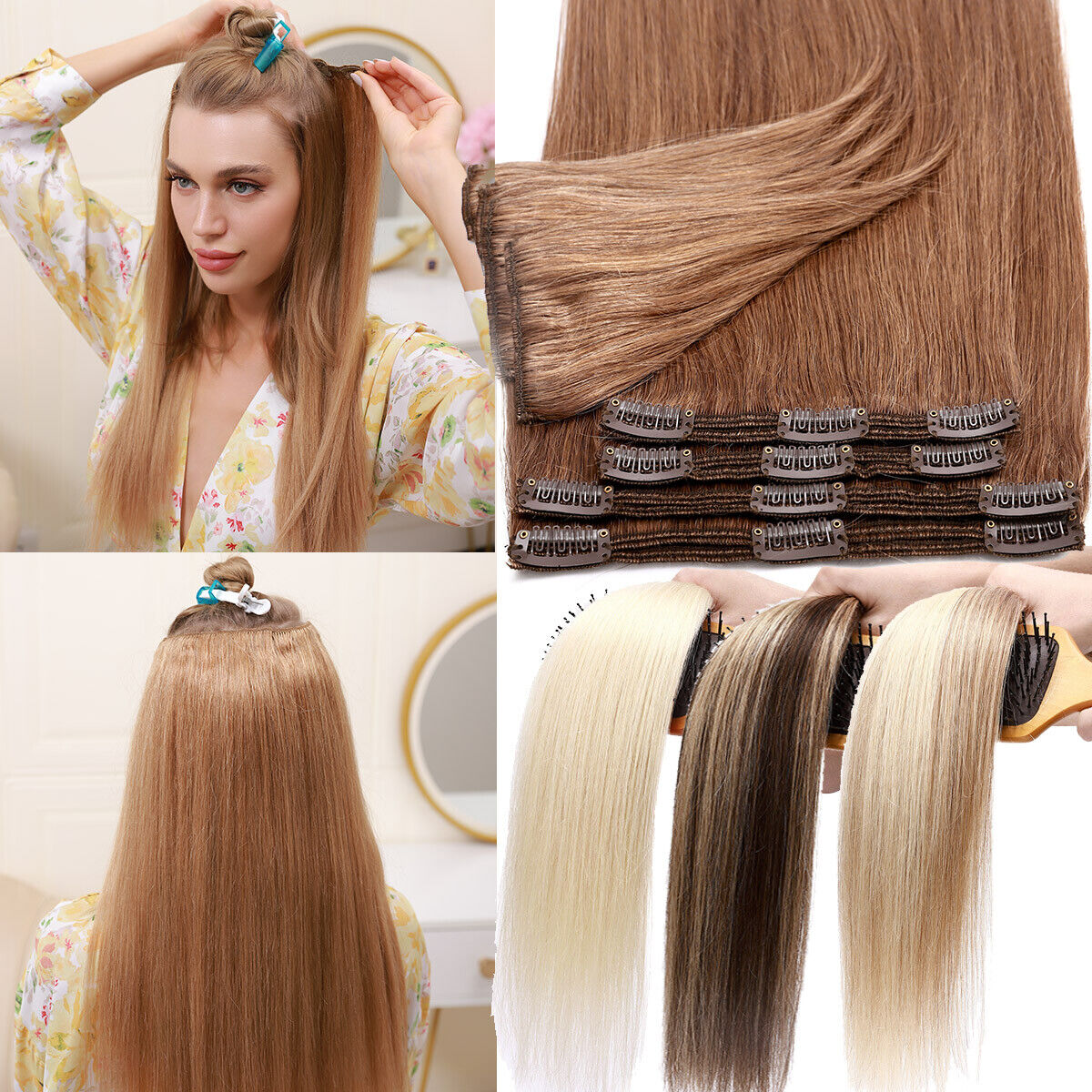 8PCS Easy Clip In 100% REMY Human Hair Extensions DOUBLE WEFT THICK Full  Head US | eBay