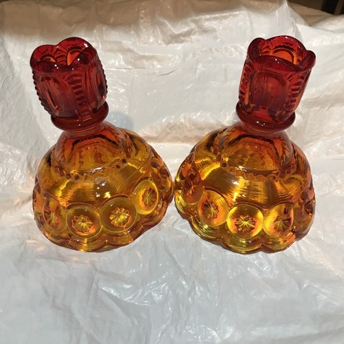 Vintage L.E. Smith rot Amberina Mond Stern 4-1/2" Kerzenständer Halter Paar