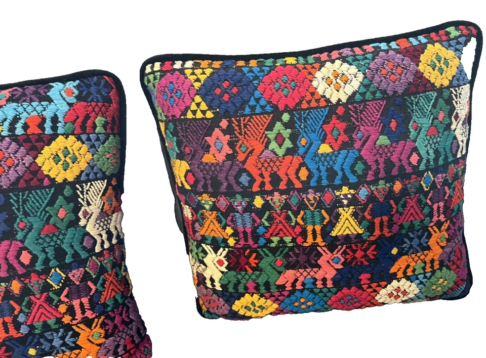 Guatemalan Huipil Throw Pillows Set 2 Hand Embroidery  12” Squares Velvet Multi - Image 3 of 4