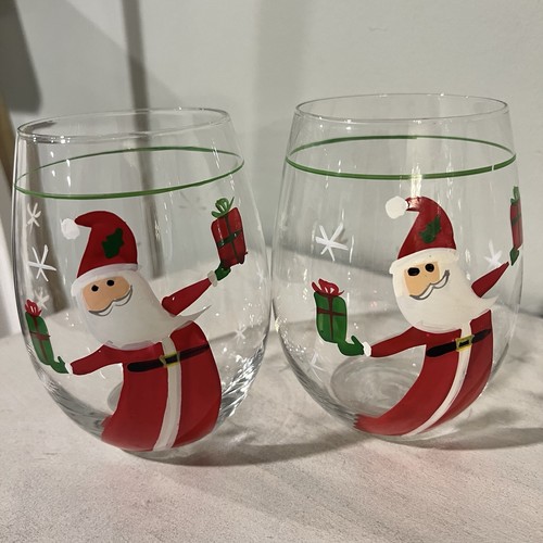 Christmas Santa Hand Painted Stemless Wine Glasses Set of 2