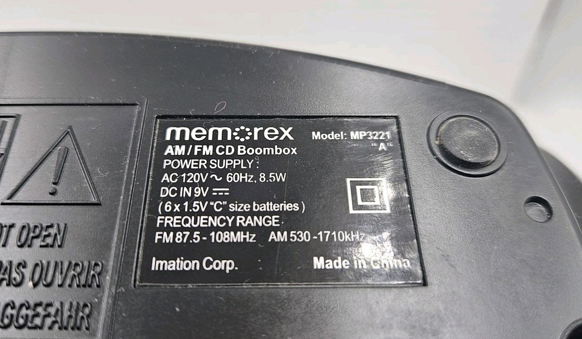 Memorex AM/FM Radio/CD Player Portable Black Boombox Power Cord
