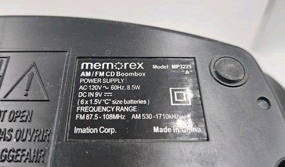 Memorex AM/FM Radio/CD Player Portable Black Boombox Power Cord