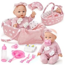12" Soft Baby Doll Set with Accessories Bassinet Carrier, 13 Pcs First