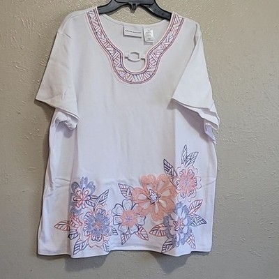 alfred dunner blouse short sleeve floral embroidered Size L pre-owned
