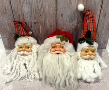 Set of 3 Vtg Santa Claus Head Ornament Plastic Face Wire Glasses Hat Kitsch