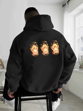 Men'S Heavyweight Anime-Inspired Hooded Sweatshirt - Black Pullover Hoodie with