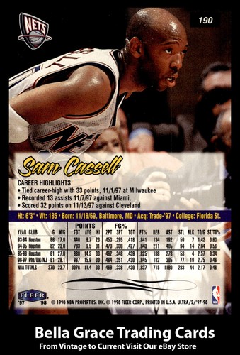 1997-98 Fleer Ultra Sam Cassell #190 New Jersey Nets NBA Basketball - Foto 2 di 2