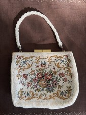 Vintage Hong Kong Beaded Handbag Floral Tapestry Evening Purse White Seed Beads