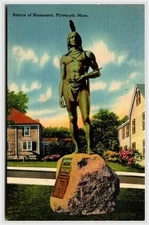 Massasoit Statue Plymouth MA Linen Postcard 1940s Tichnor Views Plymouth County