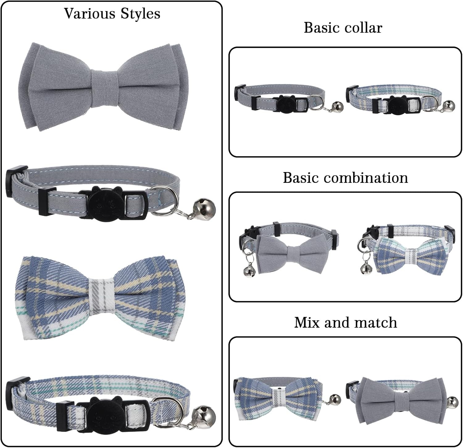 2 PCS Cat Collar with Bow Breakaway Bowtie Safety light blue, blue plaid 